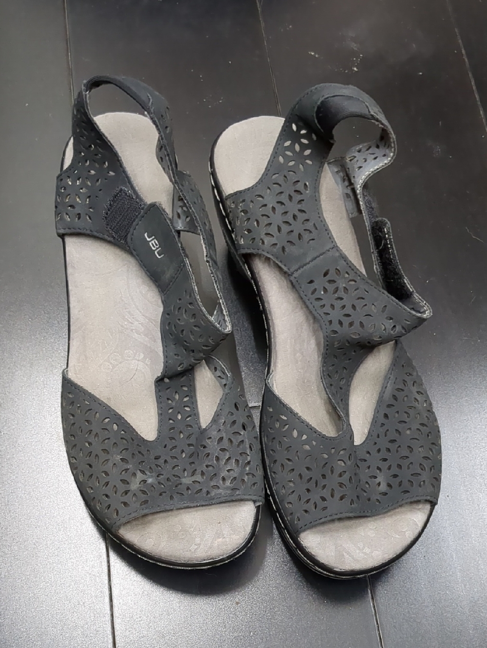 JBU Black Laser-Cut Slingback Sandals
